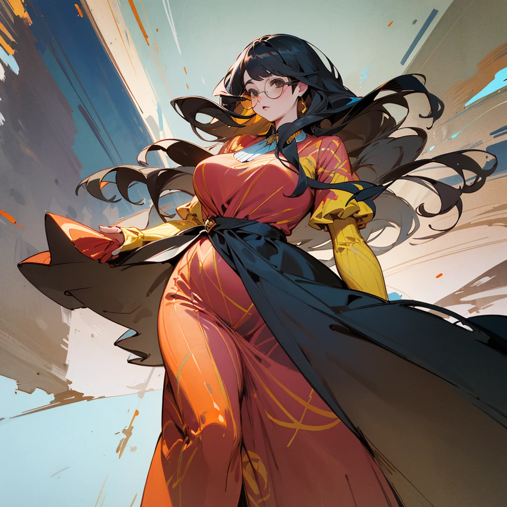 A chubby woman wearing a formal colorful dress. Large glasses. Long black hair. Dull brown eyes. Detailed sub-urban background. ((best quality)), ((masterpiece)), (detailed), 1girl.