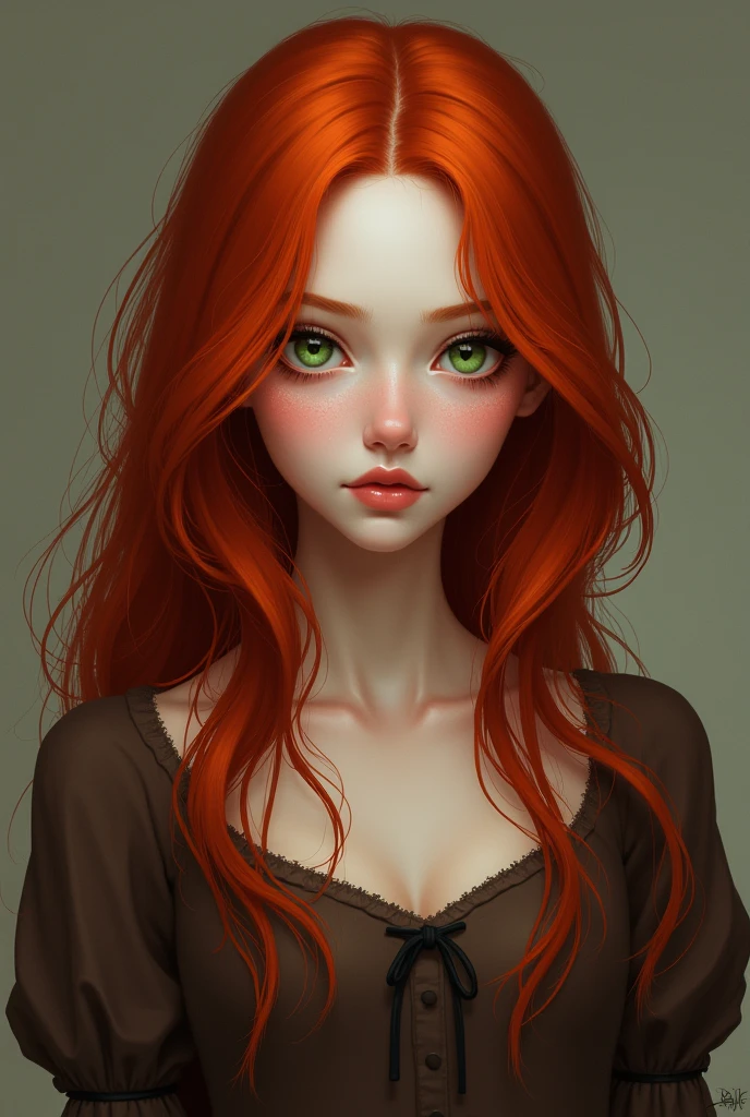 A red-haired girl with white skin, green eyes, dark brown dress with sleeves rolled up to the elbows, waist length hair.