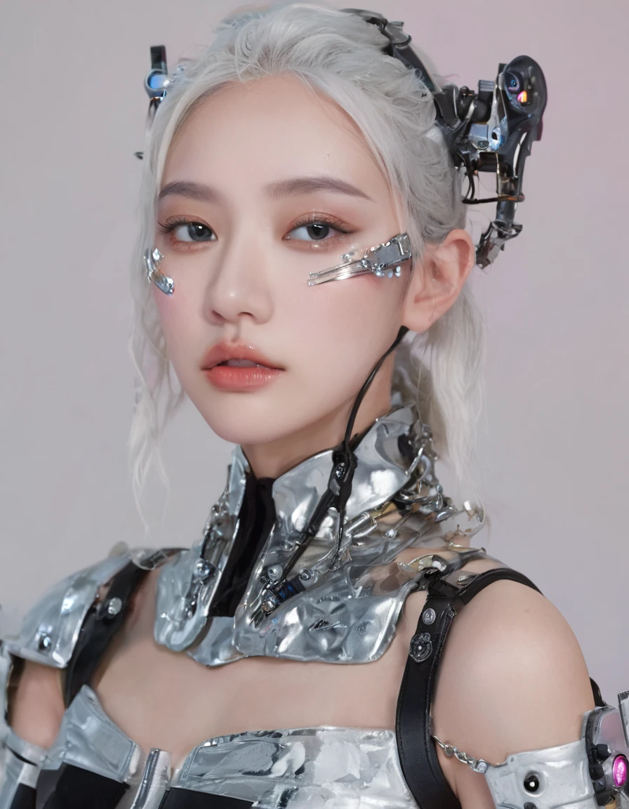 An extraordinarily detailed close-up portrait of an android-human hybrid K-pop idol, showcasing her striking Skell cyberpunk appearance. Her face is adorned with intricate mechanical implants, while her white hair, high contrast, upscale sharpness:1.4, reflective environtment, unreal engine, space cyborg style. Wear antena, futuristic mask ,The background features a soft, dreamy style, contrasting with her metallic and glossy chrome features. This captivating image was expertly captured with a Fujifilm XT-10 camera, delivering an ultra-high 8K resolution for breathtaking detail. The hyper-realistic photo exhibits the skill of award-winning photography. Wet and glossy make up realistic:1.4, Photorealsitic)、(intricate detailes:1.2)、(​masterpiece、:1.3)、beauty face, (top-quality:1.4)、(超A high resolution:1.2)、超A high resolution、(A detailed eye)、(detailed facial features), ((Realistic lighting、top-quality、8K、natural light, ​masterpiece:1.3))、bright photo, Clear focus:1.2、1girl in、flawless beauty:1.4、Superfine Face、big Narrow-eyed、double eyelid、photos realistic, perfect eyes, perfect skin, detailed skin, detailed face, looking viewer, front view, potrait, raw photo, simple soft pink background, (intricate detailed skin textured:1.4) (Highest quality:1.3), (sharp focus:1.5), (skin_textures:1.2), (photorealistic:1.3), (highly detailed skin), (detailed face), (high detailed skin:1.2), (glistening skin:1.15),