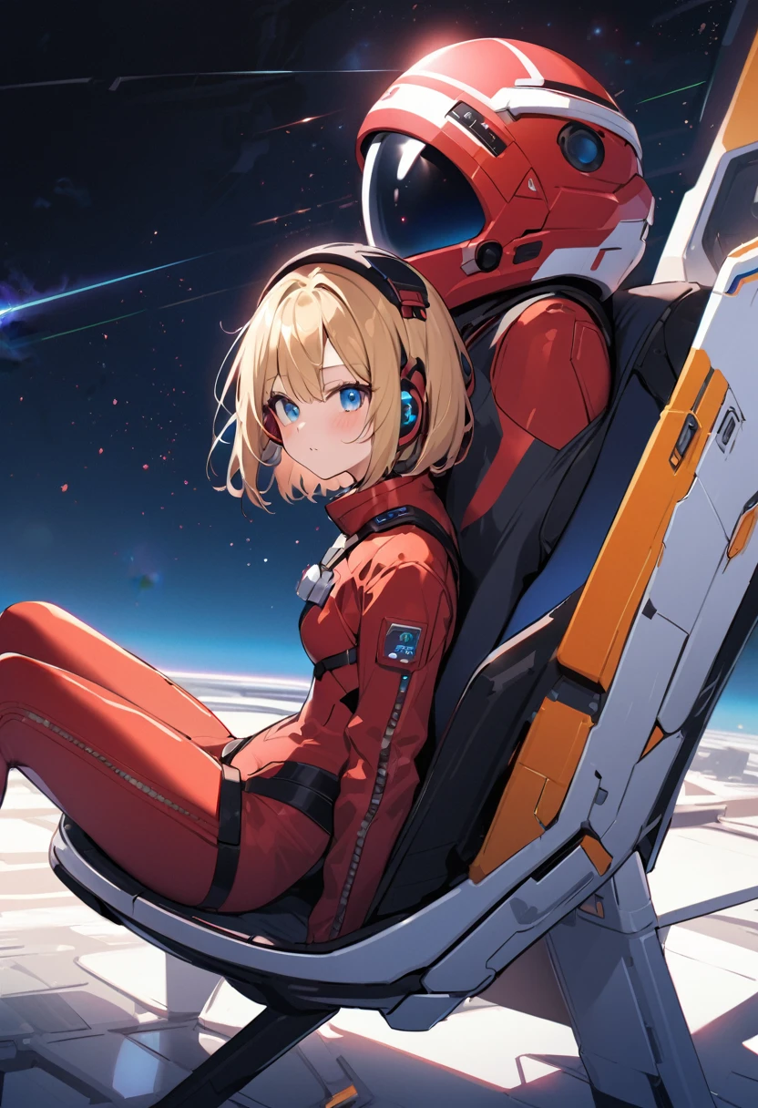 ( short hair, street, Emo, Blonde, Blue Eyes, ,headphone,eyeliner, Apocalypse, , internal (cockpit) of (Futuristic spaceship:1.6), , blush,Sit on a chair, Covered navel, Space Helmet, Mvrów, Space Helm, Plug Suit , Space Helmet, Eva Helm,Red bodysuit, short hair, From the side,Upper Body,close,Looking this way、background moving at high speed、