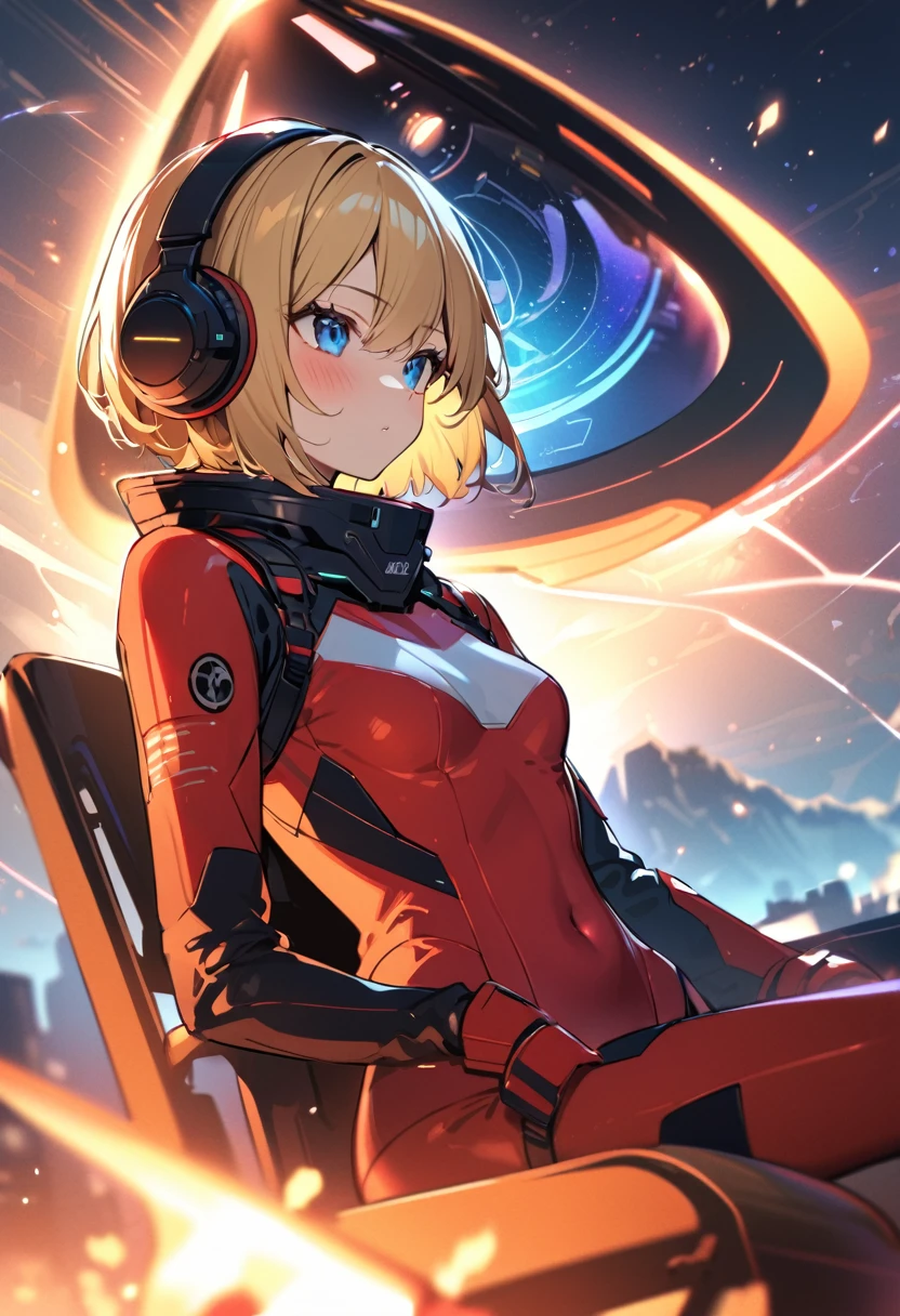 ( short hair, street, Emo, Blonde, Blue Eyes, ,headphone,eyeliner, Apocalypse, , internal (cockpit) of (Futuristic spaceship:1.6), , blush,Sit on a chair, Covered navel, Space Helmet, Mvrów, Space Helm, Plug Suit , Space Helmet, Eva Helm,Red bodysuit, short hair, From the side,Upper Body,close,Looking this way、background moving at high speed、