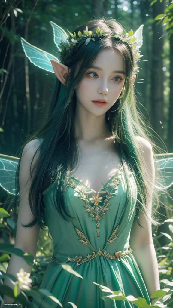 a beautiful elf girl,1girl,detailed facial features,long pointed ears,flowing hair,glowing skin,fairy wings,green forest environment,mystical atmosphere,intricate floral crown,shimmering dress,magical energy,cinematic lighting,highly detailed,photorealistic,8k,dramatic colors,fantasy art