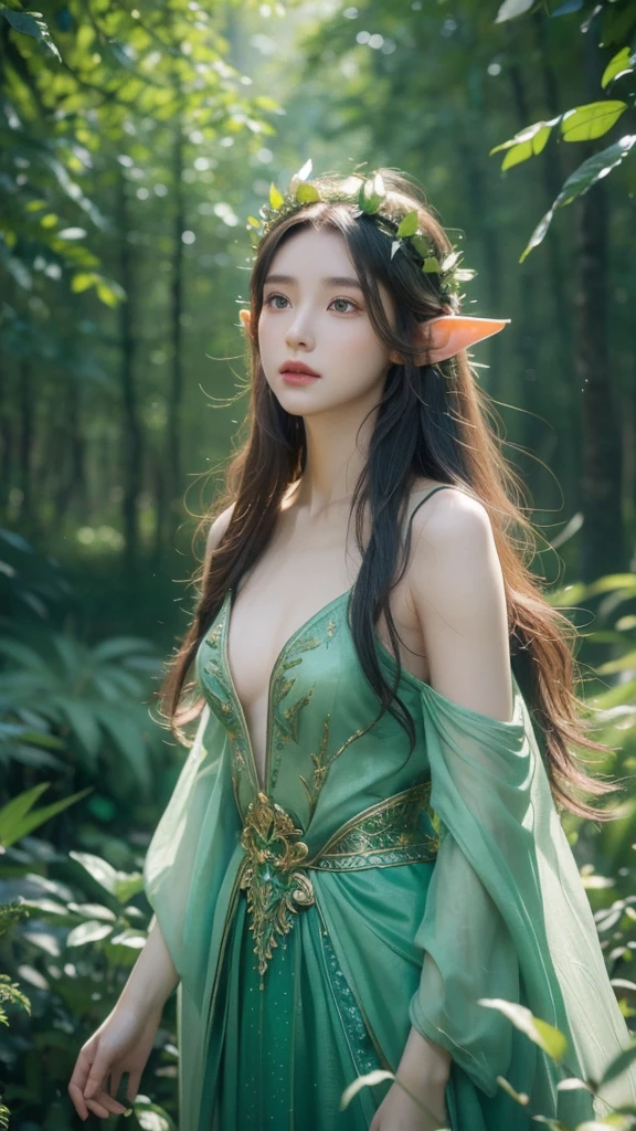 a beautiful elf girl,1girl,detailed facial features,long pointed ears,flowing hair,glowing skin,fairy wings,green forest environment,mystical atmosphere,intricate floral crown,shimmering dress,magical energy,cinematic lighting,highly detailed,photorealistic,8k,dramatic colors,fantasy art