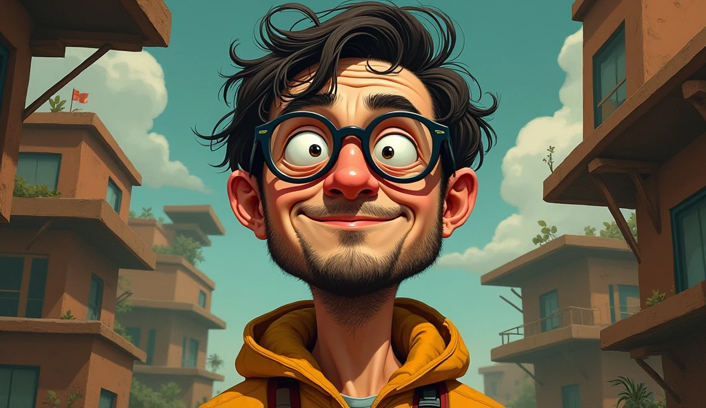 Man in cartoon, in the style of tomer hanuka, joram roukes, emotionally charged portraits, smilecore, wearing glasses, rustic futurism, henrietta harris, darkly comedic, rough painting, children illustration