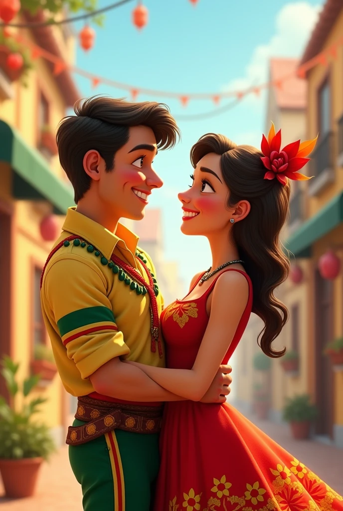 Couple man from Bolivia with Bolivian flag red yellow and green, Chilean woman with Chilean flag Disney cartoon