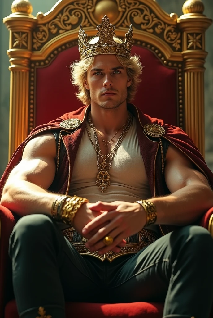 (photorealism:1.2), handsome man, young, dominant aura, muscular, sitting on a golden throne, with an intimidating pose, dressed in a black suit, black pants, blond hair, green eyes, golden crown and gold rings