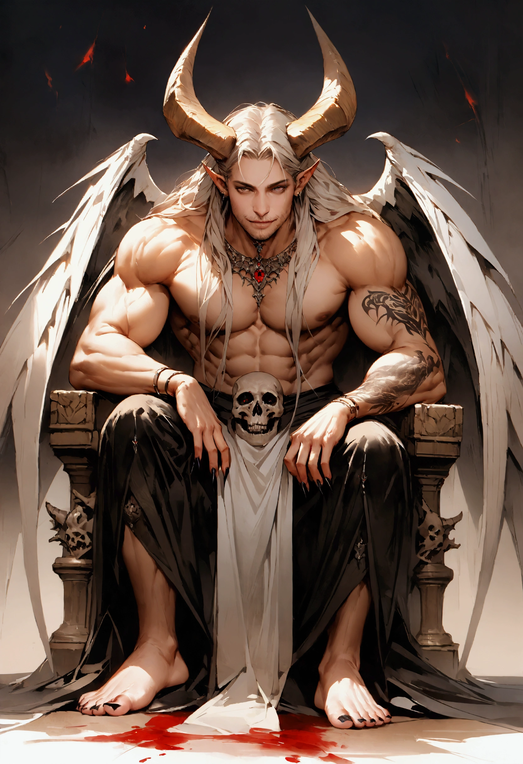 Realistic Digital Painting with Concept Art Elements"," digital painting," "concept art," "realistic," "high detail", "muscular",, "high-res", "ominous aura,", "8k resolution", "oil painting", "darker tone" , "little saturation" ,"dark feeling", "concept art" , "detailed features" , "detailed eyes" "1man" , "demon" , "large horns" , "Fangs" , "long hair", "short stubble on chin", "long nails" , "Leviathan" " , "full body" , "covered in blood" , "smiling" , "amazing background" , "sitting on a lavish throne" "dark castle background", "wearing a loincloth" , "head resting on hand" "very muscular" , "long white hair" , "grinning sharp teeth" , "large and imposing" , "White eyes" "attractive" , "tattooed", "white large wings" , "throne made out human skulls" , "charming"