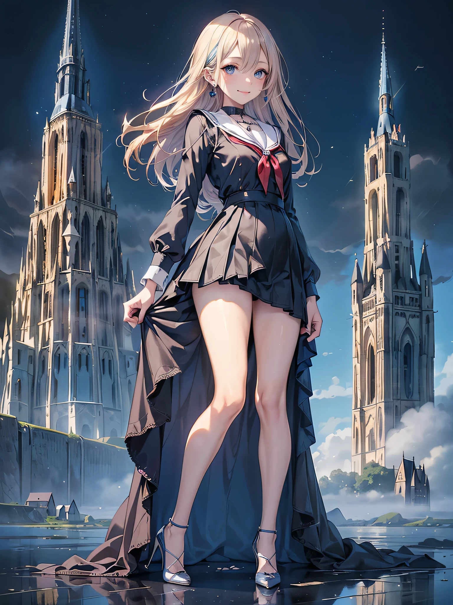 ((Biologically correct limb count)),(( From head to toe,Full-body photo including face)),4K,masterpiece,((Focus on the face)),((Symmetrical facial features)),Eyes with detailed description,Beautiful woman,Great style,Beautiful arms,Beautiful legs,Beautiful Hands,(Small Ass,Thin thighs),Detailed depiction of the face,Small earrings,necklace,(Will school uniform,dress((High heels))),((early morning)),(((blue blonde))),Realistic photo,Looking up,smile,((Mont Saint-Michel and its bay,Panty shot)),Nobody is here,(Thick Fog:1.3),(Pull up your skirt and show your pants)