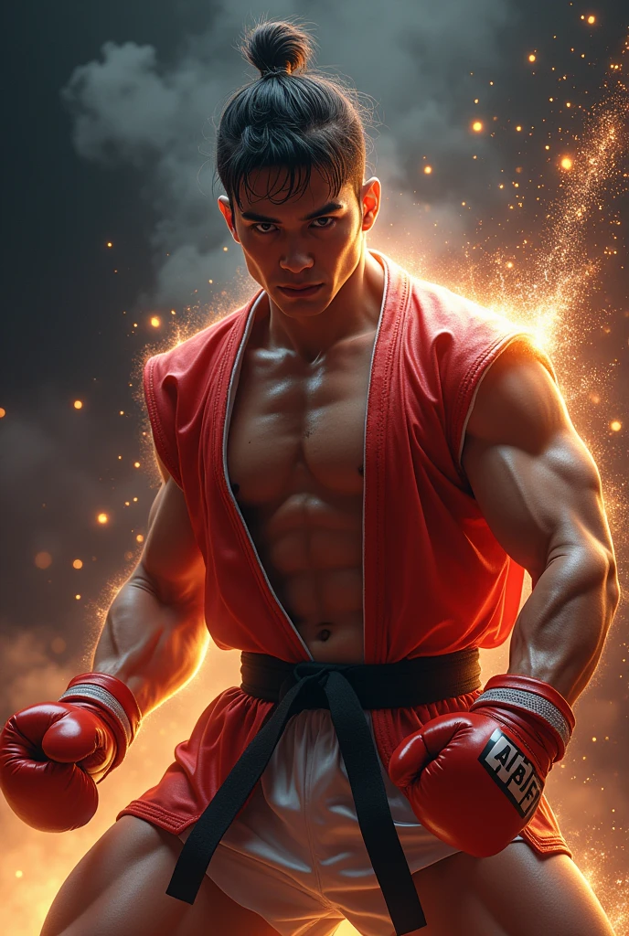 (best quality,height:1.2),realistic,Masterpiece:1.2,Portrait,colorful,studio lighting,spark,Muay Thai fighter,character design,Muay Thai fighterผู้กล้าหาญ, Thai boxer, muscular body,intense stare,Focused expression,Red and white gi,Black belt,Hot aura,Action pose,Fire Fist,Heat and energy,Radiation power,fighting posture,bright colors,Energy Blast,Highly detailed lighting effects,Street fight scene,Reliable definition of muscle,Smoke and sparks,Eye-catching elements,Pay attention to facial features.