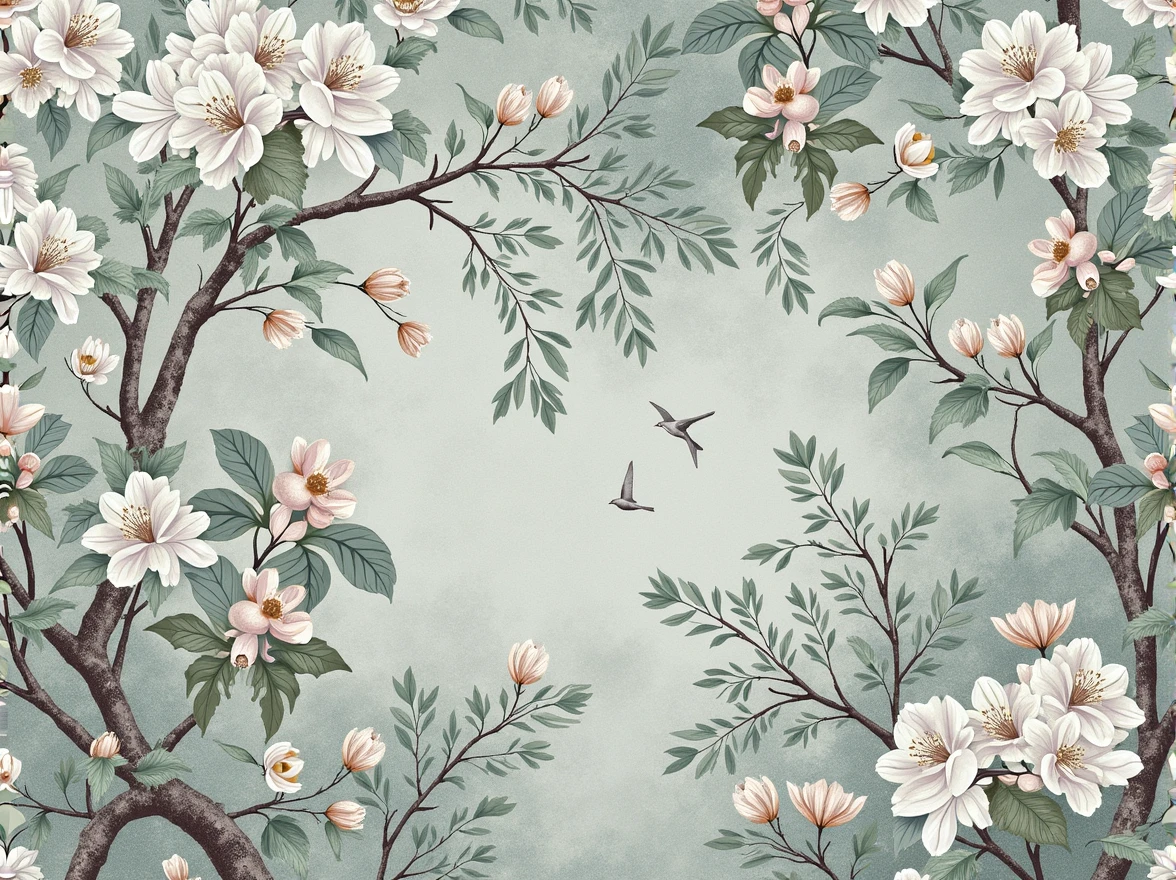 Detailed and intricate wallpaper design featuring a lush, dense pattern of horse chestnut tree leaves and blossoms. The layout is a repeating pattern with a soft, muted color palette dominated by shades of green, grey, and white. The leaves are large and detailed, with visible veins and a realistic texture. The blossoms are white with hints of pink, adding a delicate contrast to the green foliage. Interspersed among the leaves are small, subtle illustrations of birds in flight, adding a dynamic element to the otherwise static design. The overall style is reminiscent of botanical illustrations, with a vintage and elegant aesthetic.