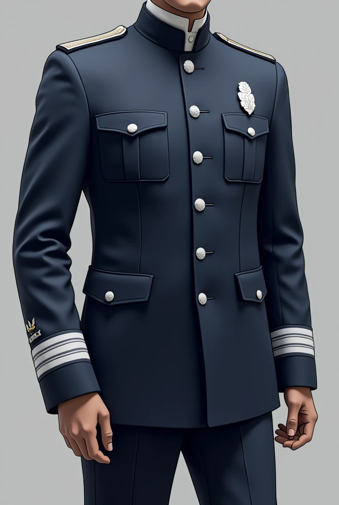 Firefighter uniform with straight-cut navy blue trousers, navy blue jacket , the White shirt , Mandarin collar with silver cord and black kepi with silver plaque
