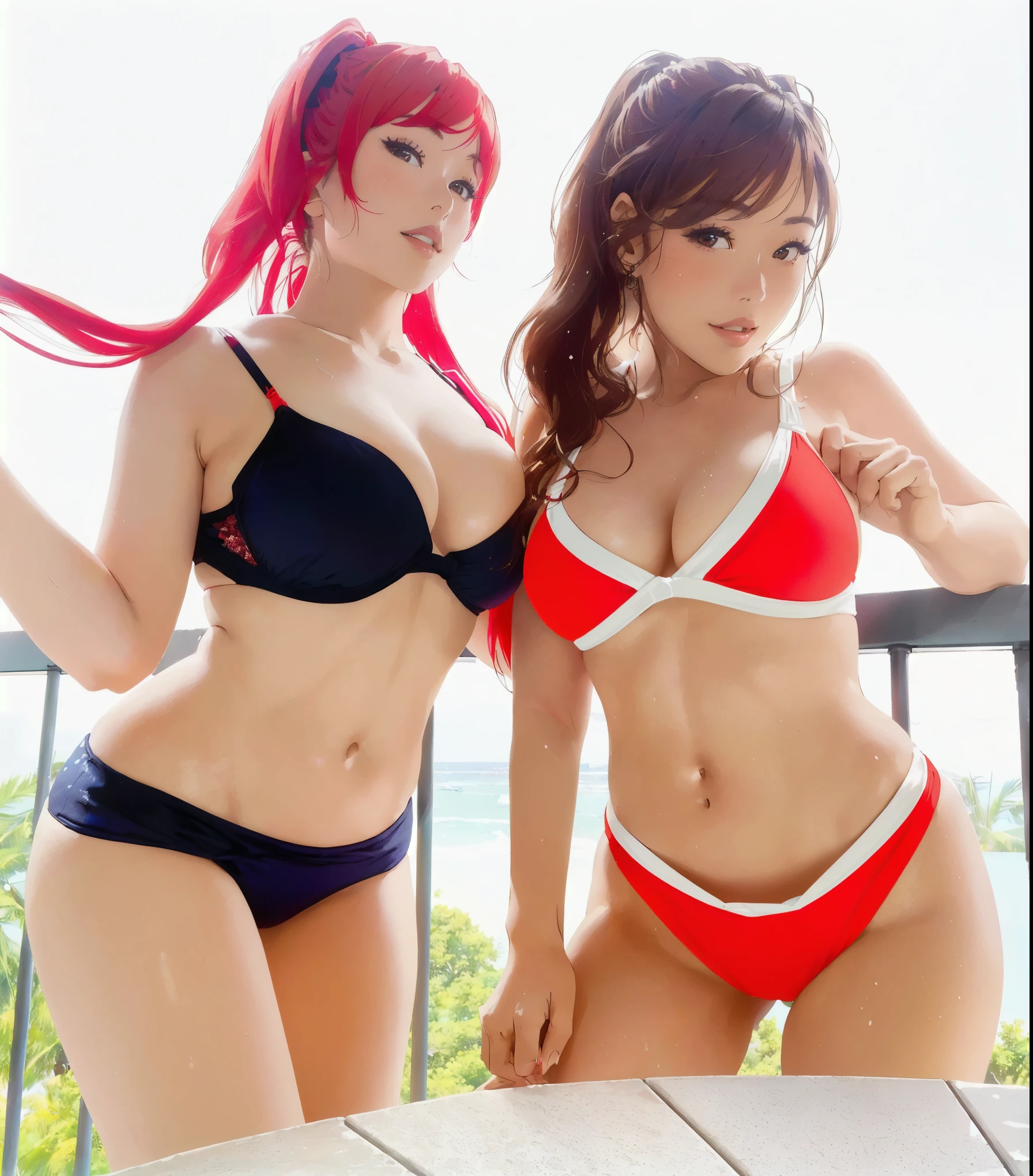 two women in bikinis posing for a picture on a balcony, ayami kojima and lyde caldwell, red bikini, swimsuit, oppai, is wearing a swimsuit, sakimichan, sling bikini, cute bikini, wearing spandex bikini, posing together in bra, in bikini, wearing two - piece swimsuit, two beautiful anime girls, red and black and white