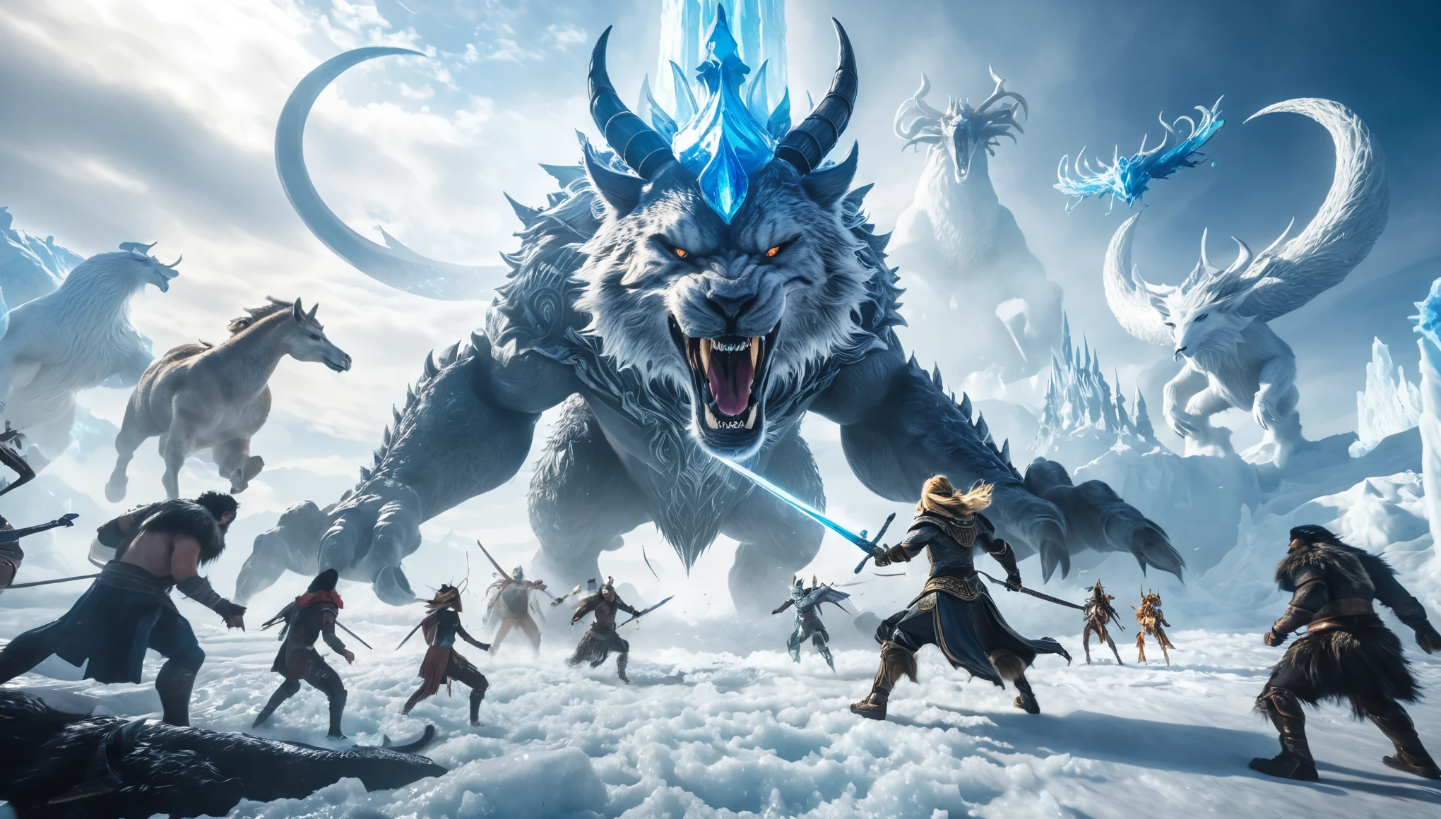 Prompt #2:
An epic battle scene in a different world, the hero at the center wielding a sword that glows with an ethereal light, surrounded by fantastical beasts and allies, mid-action, high tension, Canon EOS R8, wide angle lens, blizzard ice world