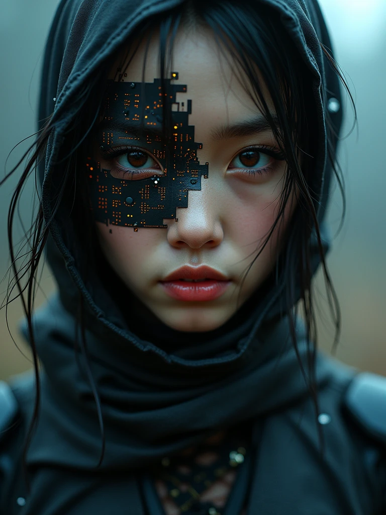 ((masterpiece, 16K, best quality, high resolution:1.3)), (super close-up portrait:1.45), (cyberpunk face augmentation:1.45), (black color circuit board tattoos on face:1.5), (epic skin details:1.45), (Sci-fi Darkness by He Xiaofeng:1.45), (a quiet Fighter, feudal Ninja:1.45), (robotic shinobi suit:1.45), (style Katy Grannan:1.35), (satin texture:1.45), (glitchy:1.5), (foggy:1.35), (harsh lighting:1.45),
(the portrait features a close-up of a face with intricate cyberpunk augmentations:1.45), (the face is adorned with black circuit board tattoos that glow with a subtle, futuristic light:1.5), (the skin is detailed with a satin texture, showcasing every pore and imperfection:1.45), (the overall aesthetic is dark and sci-fi, reminiscent of He Xiaofeng's style:1.45), (the subject is a quiet fighter, a feudal ninja, with a robotic shinobi suit:1.45), (the suit is sleek and form-fitting, with advanced technological features:1.45), (the style is influenced by Katy Grannan, adding a layer of realism and depth:1.35), (the image has a glitchy effect, with digital artifacts and distortions:1.5), (the background is foggy, creating a sense of mystery and atmosphere:1.35), (the lighting is harsh, casting dramatic shadows and highlights:1.45),
(Canon EOS 5DS R camera, perfect for capturing the detail and beauty of the scene:1.2), (paired with the Canon EF 85mm f/1.4L IS USM lens:1.2), (the composition showcases the intricate details of the cyberpunk augmentations and the dark, futuristic setting:1.2), (a moment frozen in time, capturing the essence of technological advancement and artistic precision:1.3), (ultra photorealistic, highlighting the intricate details of the face and the futuristic environment:1.3), (an image that transports viewers to a captivating and futuristic moment:1.2), (a scene that exemplifies the beauty of cyberpunk art and technological innovation:1.2)