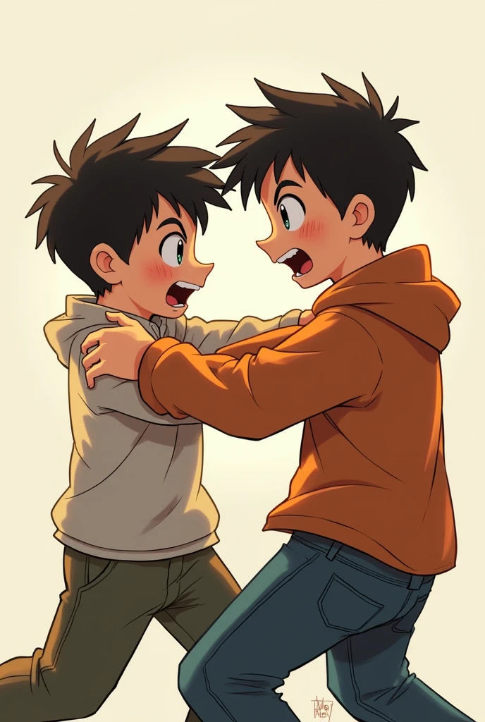 One boy grabbing the other's arm
