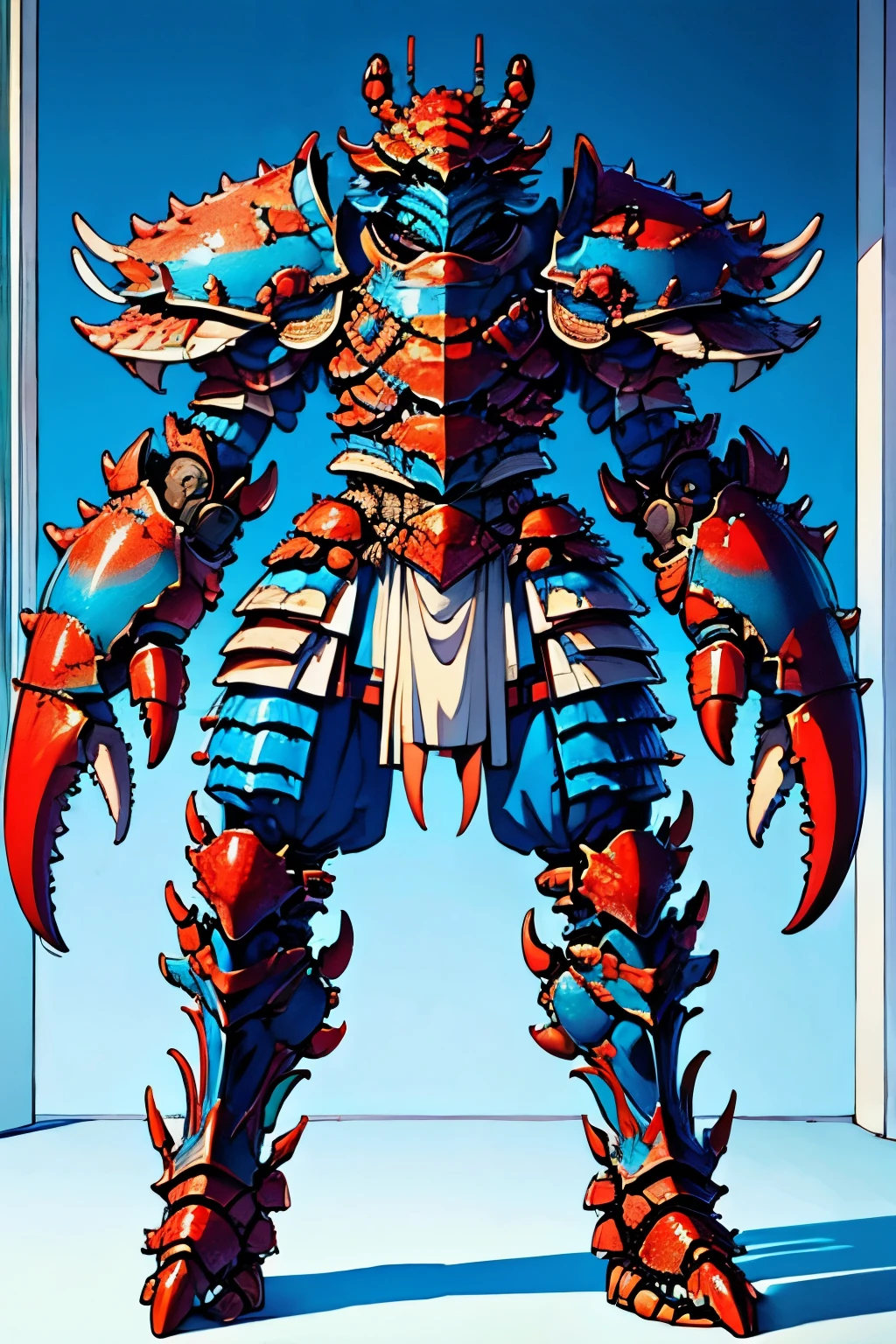 an armored bipedal crab monster, warrior style, blue shell white skin, large fantasy style pincers.