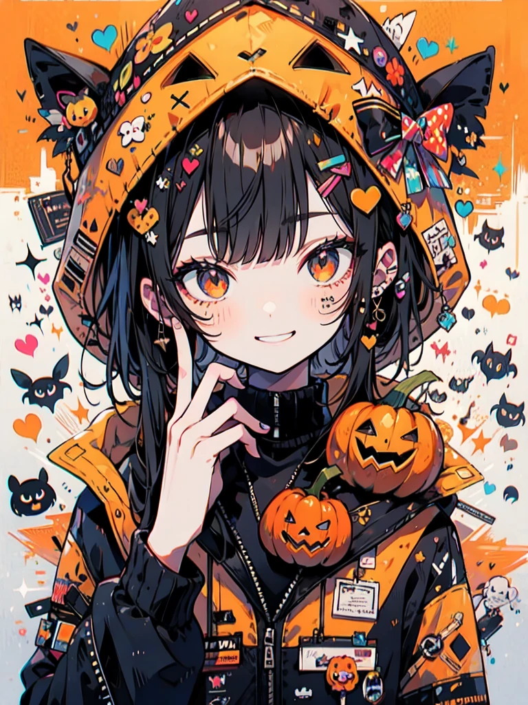 halloween theme boy with a pumpkin hat, orenge style and tattoos on face, pumpkins, smiling, hand signal heart