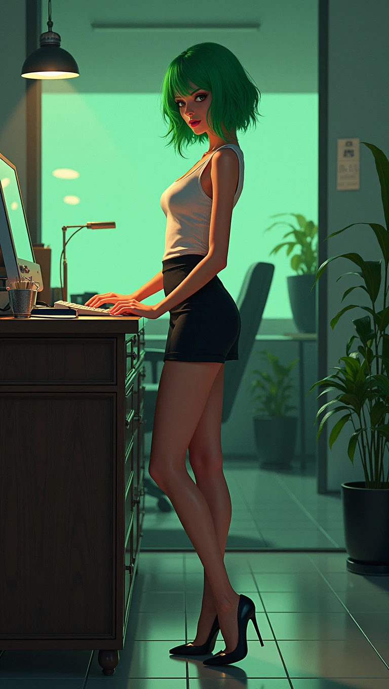 A beautiful girl, 1 Girl, Green short hair, Slim body, hot,Sexy office attire, Miniature skirt, High heel, photo-realistic, 4K, Surrealism, Very detailed, Intricate details, Dramatic Lighting, Movie, American comic style, Vibrant colors, Dynamic poses, Working in the office, standing desk