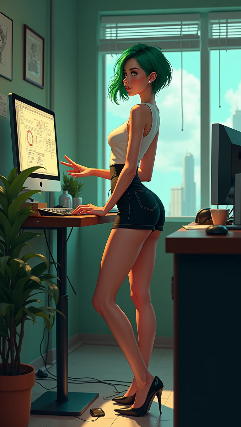 A beautiful girl, 1 Girl, Green short hair, Slim body, hot,Sexy office attire, Miniature skirt, High heel, photo-realistic, 4K, Surrealism, Very detailed, Intricate details, Dramatic Lighting, Movie, American comic style, Vibrant colors, Dynamic poses, Working in the office, standing desk