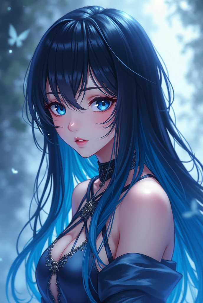 Anime waifu with blue and black hair