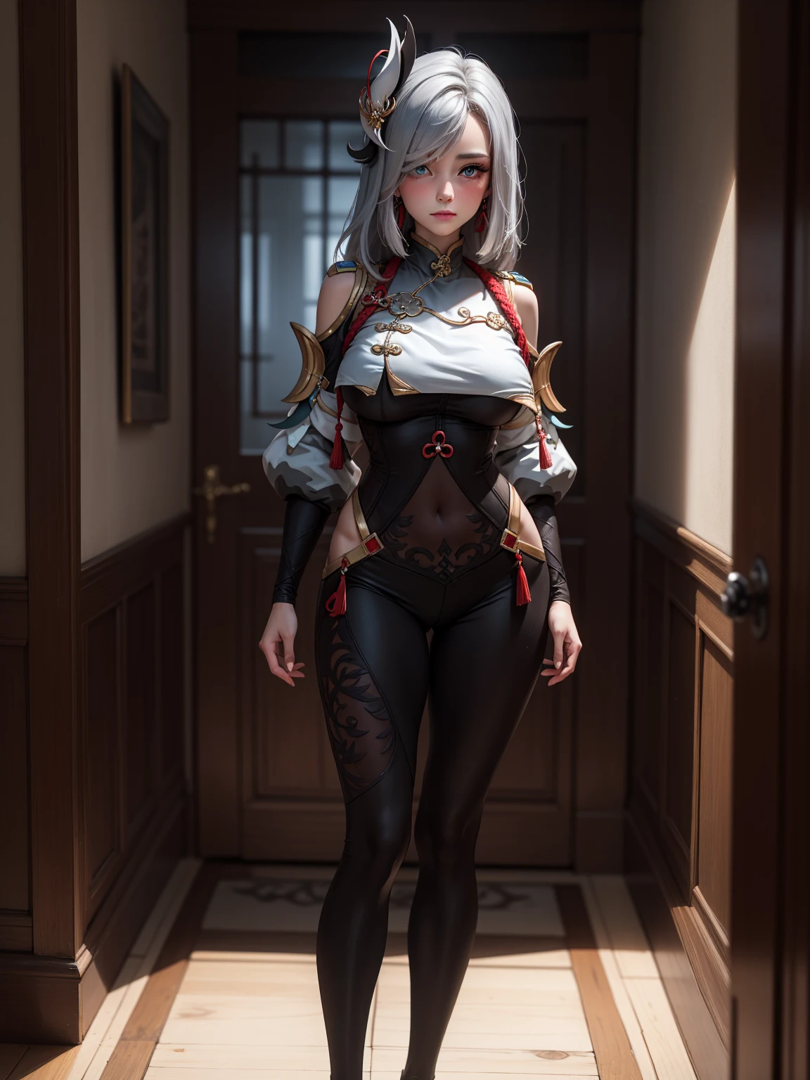 Masterpiece, high quality, 8k, ultra detailed, detailed face, standing, blush, bright eye, indoors, (detail face), shenhedef, stand up straight, large breast