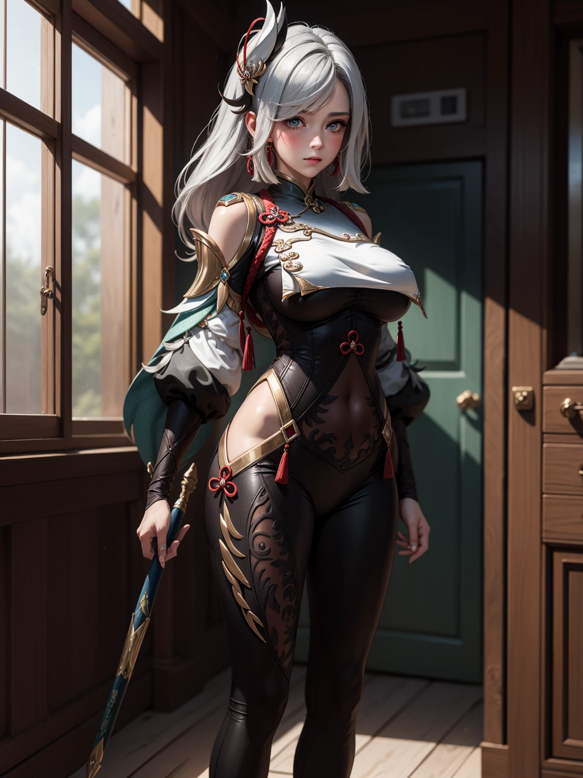 Masterpiece, high quality, 8k, ultra detailed, detailed face, standing, blush, bright eye, indoors, (detail face), shenhedef, stand up straight, large breast