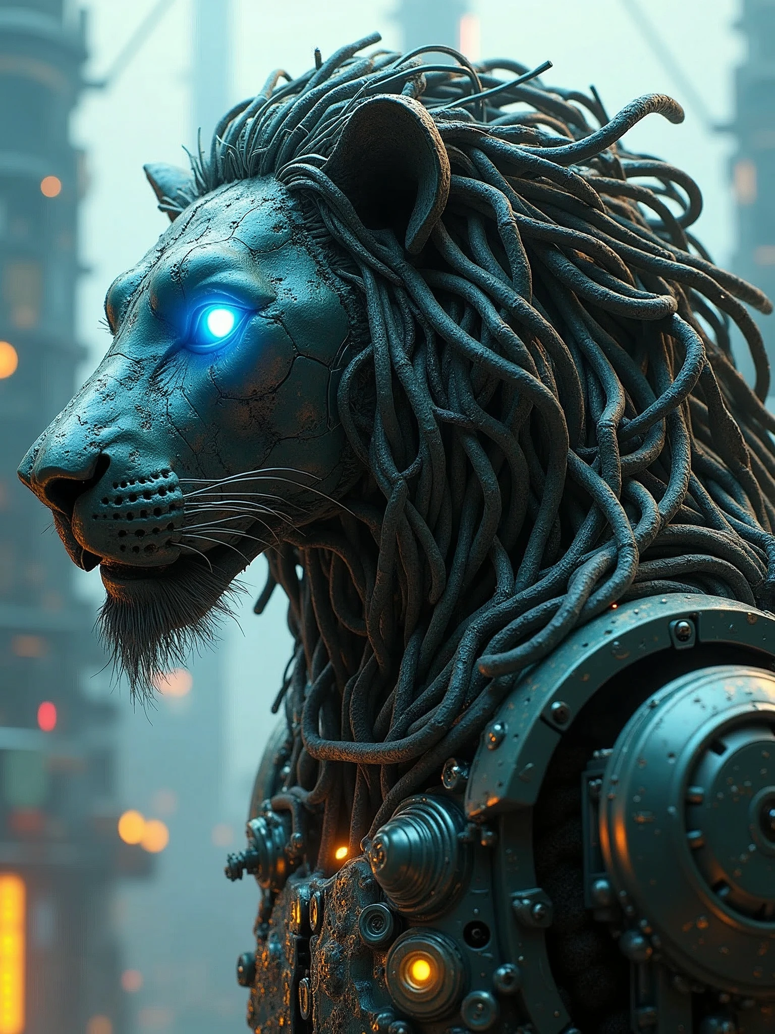 ((masterpiece, 16K, best quality, high resolution:1.3)), (a portrait of a biomechanical lion robot:1.2), (hyperdetailed and intricate matte painting by Jean Baptiste Monge, Jesper Ejsing, Anton Fadeev, Peter Mohrbacher:1.2), (hypermaximalist, precisionism:1.2), (blues, greens, yellows:1.2), (the lion robot is a fusion of organic and mechanical elements:1.2), (its mane is composed of intricate, metallic tendrils and wires:1.2), (its eyes are glowing with a vibrant blue light, suggesting advanced AI:1.2), (the body is a complex arrangement of gears, pistons, and circuitry:1.2), (the mechanical parts are seamlessly integrated with the organic features, creating a harmonious blend:1.2), (the background is a futuristic, industrial landscape with towering structures and neon lights:1.2), (the composition showcases the intricate details of the lion robot and the futuristic setting:1.2), (a moment frozen in time, capturing the essence of technological advancement and artistic precision:1.3), (ultra photorealistic, highlighting the intricate details of the biomechanical lion and the futuristic environment:1.3), (an image that transports viewers to a captivating and futuristic moment:1.2), (a scene that exemplifies the beauty of biomechanical art and technological innovation:1.2)