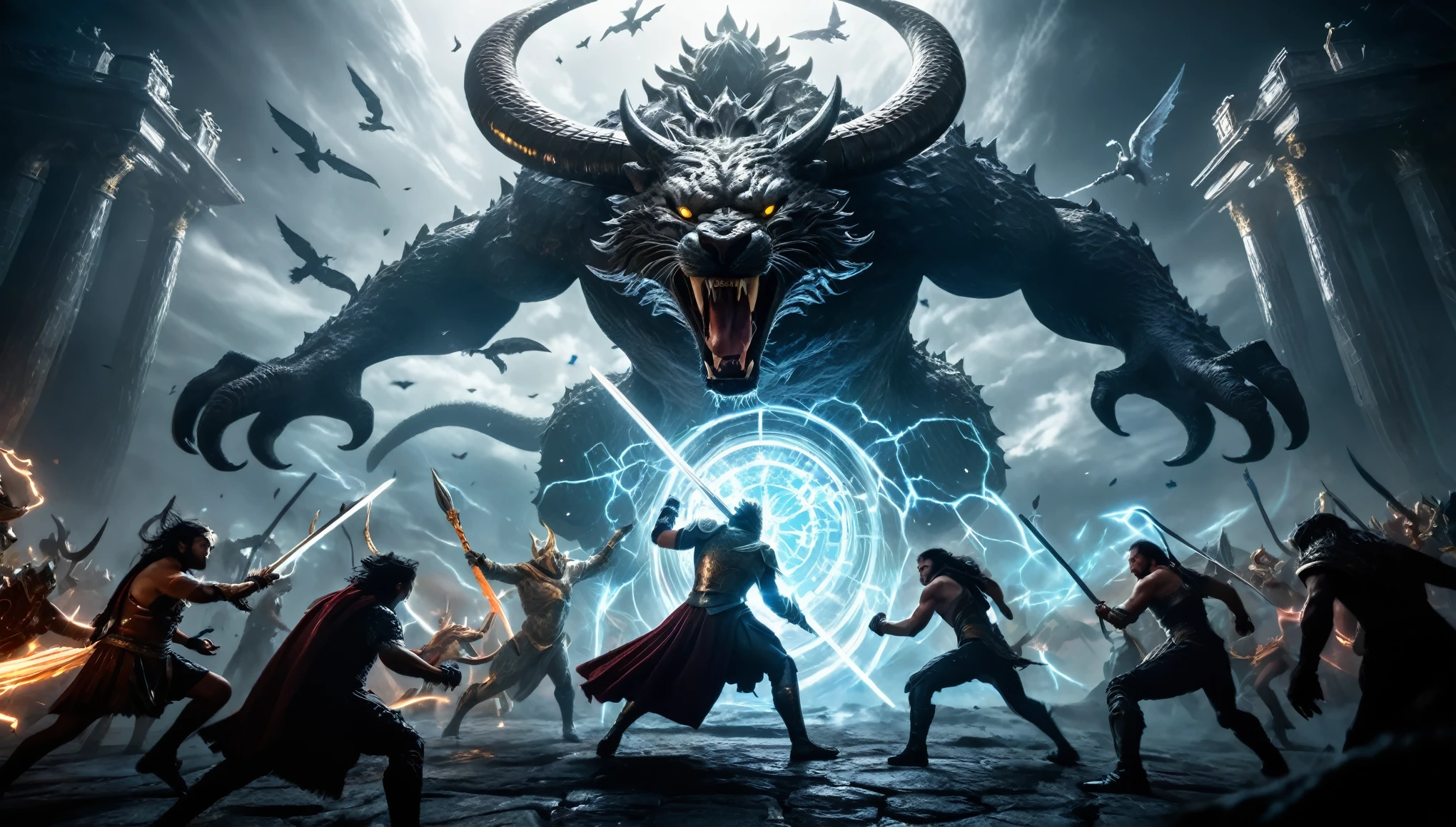 Prompt #2:
An epic battle scene in a different world, the hero at the center wielding a sword that glows with an ethereal light, surrounded by fantastical beasts and allies, mid-action, high tension, Canon EOS R8, wide angle lens dark space