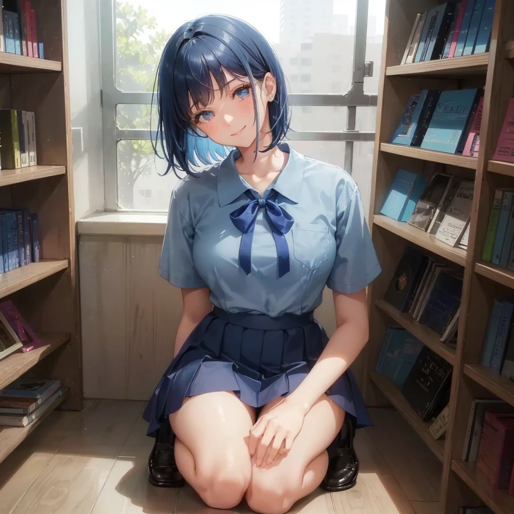 1. High school girl　17-year-old female　Bobcut　dark blue hair color　High School Uniform　Light blue Y-shirt　Short sleeve　Blue Ribbon　dark blue hair color　Slim figure　Large Breasts　Full body portrait　School library　Smiling Kindly　Laugh a little　library　Hand Signs　squat　Kneel　Look up here　