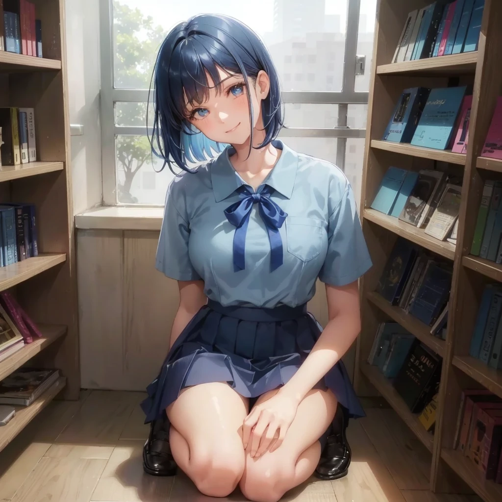 1. High school girl　17-year-old female　Bobcut　dark blue hair color　High School Uniform　Light blue Y-shirt　Short sleeve　Blue Ribbon　dark blue hair color　Slim figure　Large Breasts　Full body portrait　School library　Smiling Kindly　Laugh a little　library　Hand Signs　squat　Kneel　Look up here　