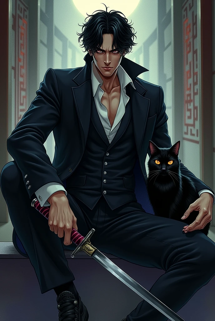 A man with messy black hair, mature face, mole under his left eye, eyes with dark pupils (completely) wearing a black suit, he uses a sword, and has a black cat. make anime style.