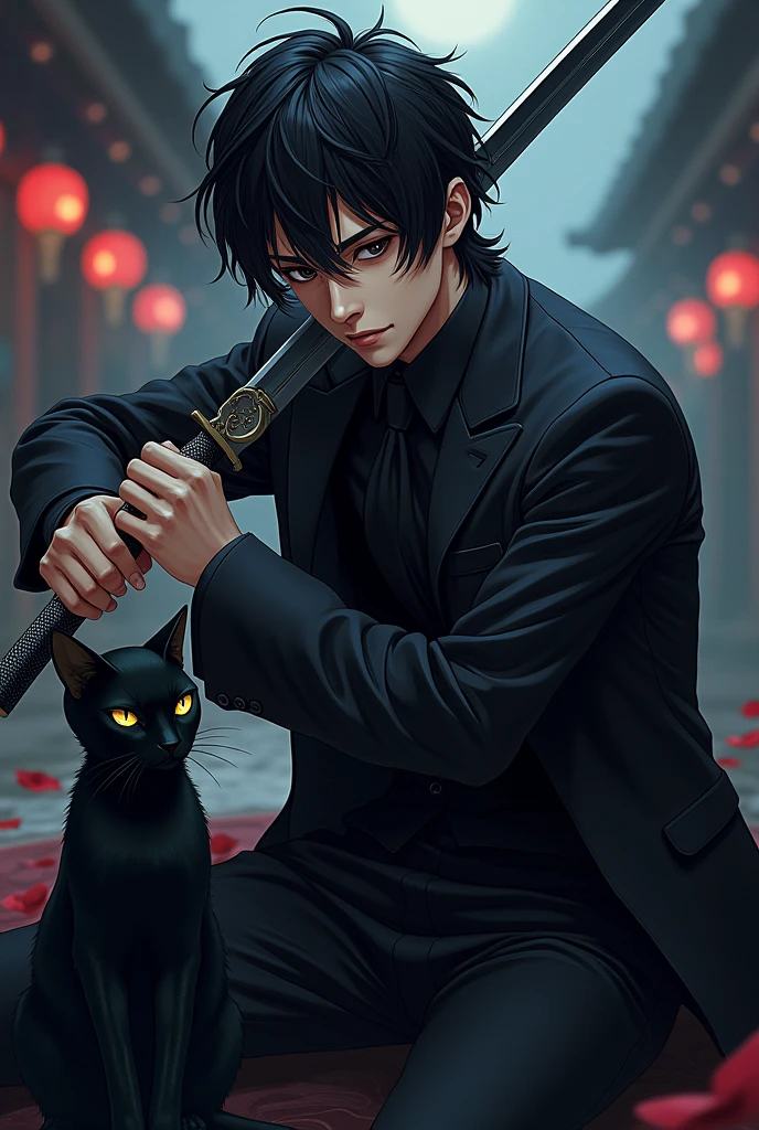 A man with messy black hair, mature face, mole under his left eye, eyes with dark pupils (completely) wearing a black suit, he uses a sword, and has a black cat. make anime style.