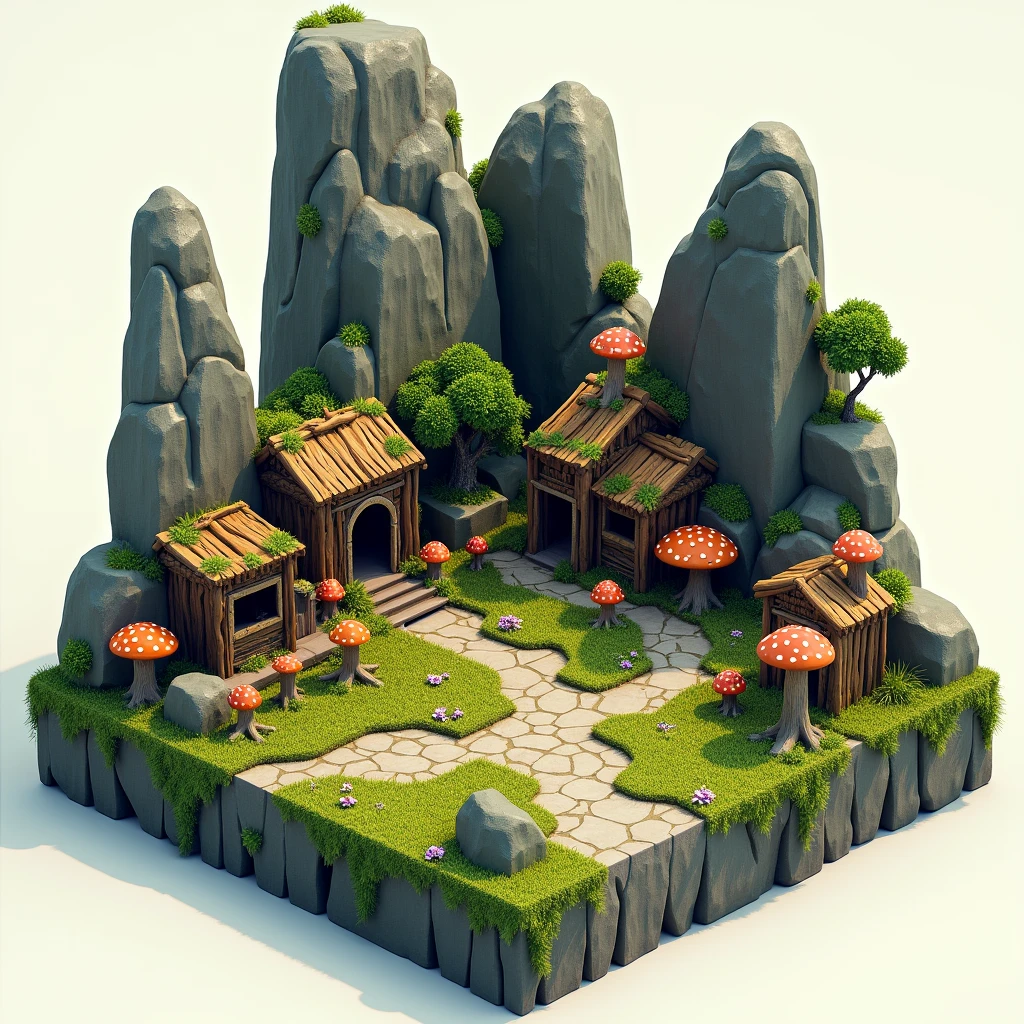 3D Game Model, Tribal style, Square land model of rocks, Trees and mossy decaying wood, mushroom, Flower and grass growth