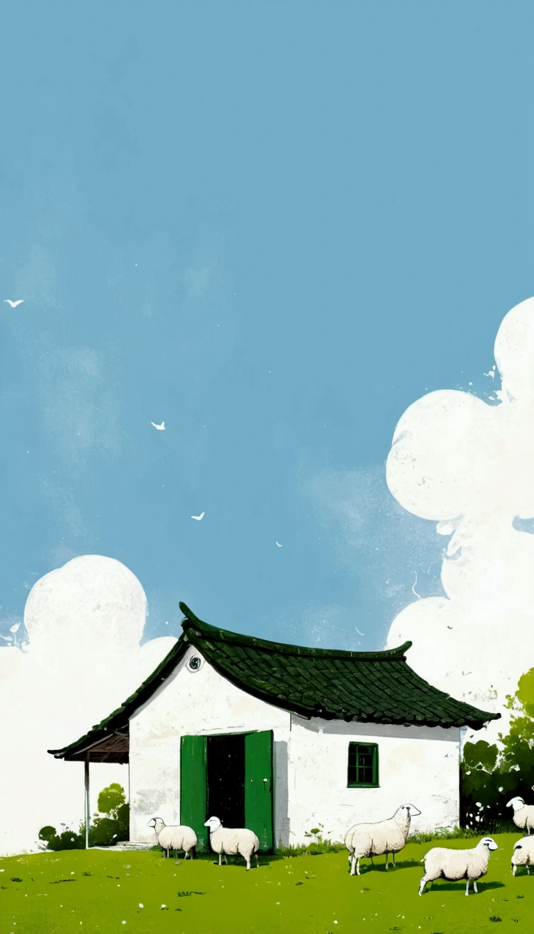Sky accounts for 3%/4,75%Blank.中国水墨画sketch:Light Ink,Lowercase,sketch,artistic conception:2.point,sheep on grass,Small house in the distance,Minimalism,White background。(((Negative Space:2,大面积Blank:2, Bottom left composition)))