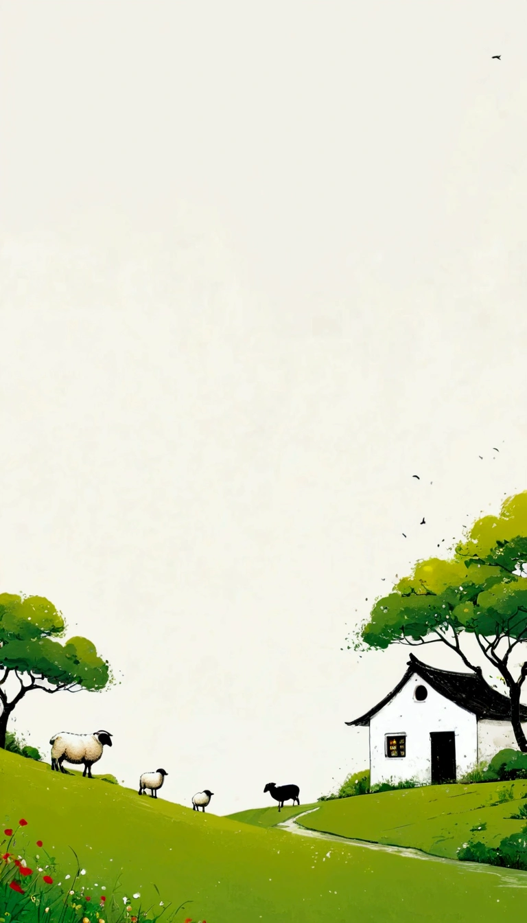 Sky accounts for 3%/4,75%Blank.中国水墨画sketch:Light Ink,Lowercase,sketch,artistic conception:2.point,sheep on grass,Small house in the distance,Minimalism,White background。(((Negative Space:2,大面积Blank:2, Bottom left composition)))