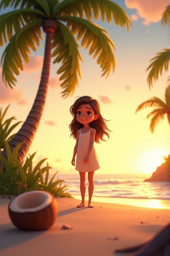 Young girl at sunset on the beach next to a palm tree and a coconut facing forward 