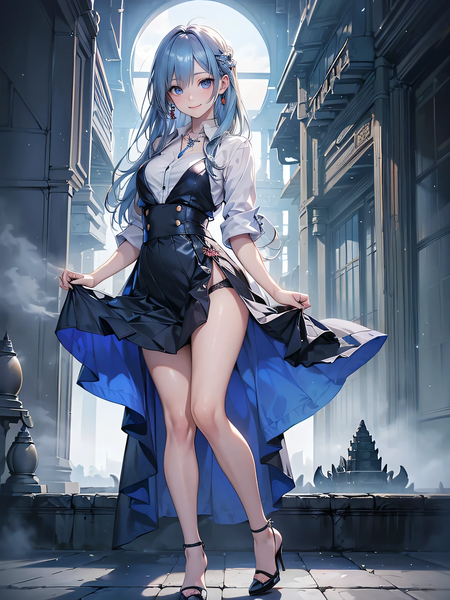 ((Biologically correct limb count)),(( From head to toe,Full-body photo including face)),4K,masterpiece,((Focus on the face)),((Symmetrical facial features)),Eyes with detailed description,Beautiful woman,Great style,Beautiful arms,Beautiful legs,Beautiful Hands,(Small Ass,Thin thighs),Detailed depiction of the face,Small earrings,necklace,(Will school uniform,dress((High heels))),((early morning)),(((blue blonde))),Realistic photo,Looking up,smile,((Angkor Wat,Panty shot)),Nobody is here,(Thick Fog:1.3),(Pull up your skirt and show your pants)