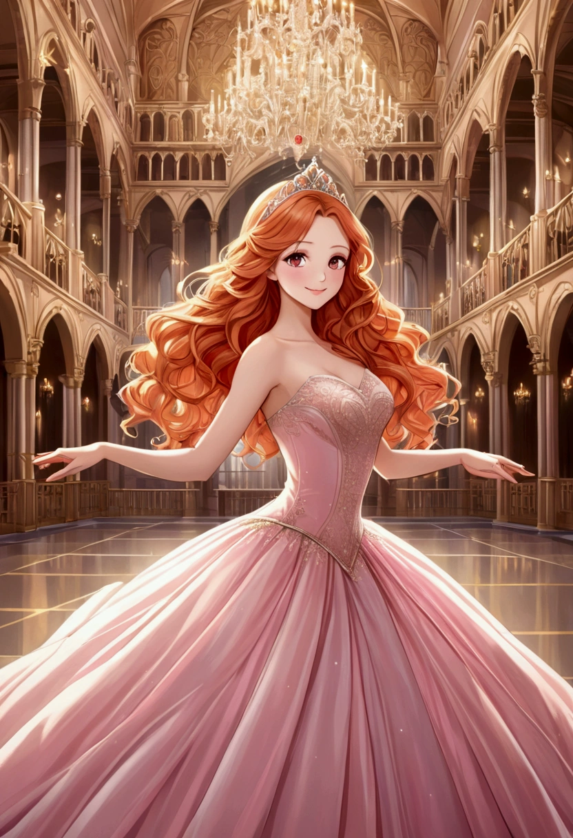 1 princess, alone, beautiful, looking at the viewer, beautiful body, blush, (long orange wavy hair), (median mother), (pink eyes), princess dress, luxurious castle, ballet, dancing, elegant, smiling
