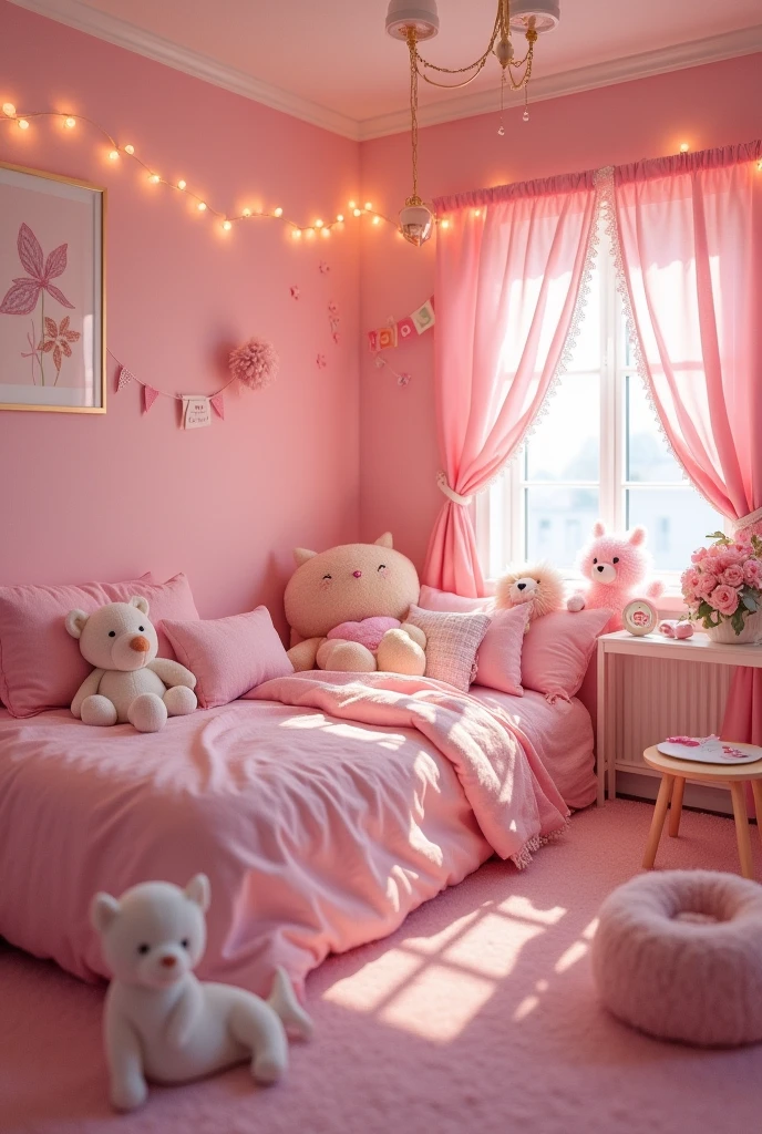 A cute bedroom filled with pink things, fluffy carpets, stuffed toys, and cute lighting.