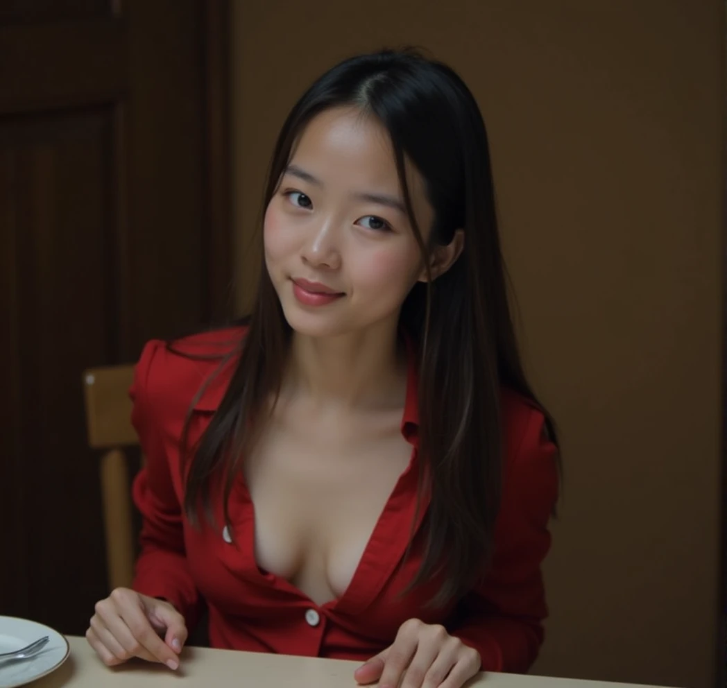 timid asian girl wearing long sleeve red button shirt (fully buttoned up), soft smile, sitting at a table, flat chested