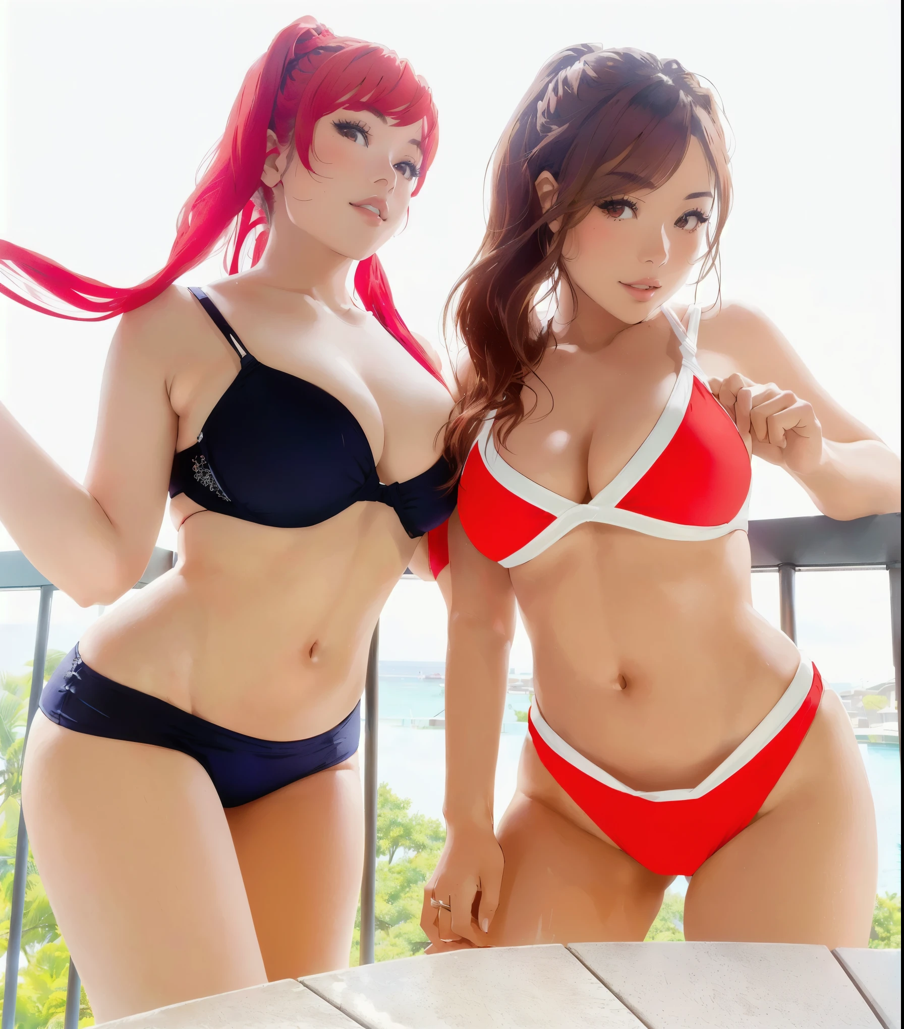 two women in bikinis posing for a picture on a balcony, ayami kojima and lyde caldwell, red bikini, swimsuit, oppai, is wearing a swimsuit, sakimichan, sling bikini, cute bikini, wearing spandex bikini, posing together in bra, in bikini, wearing two - piece swimsuit, two beautiful anime girls, red and black and white