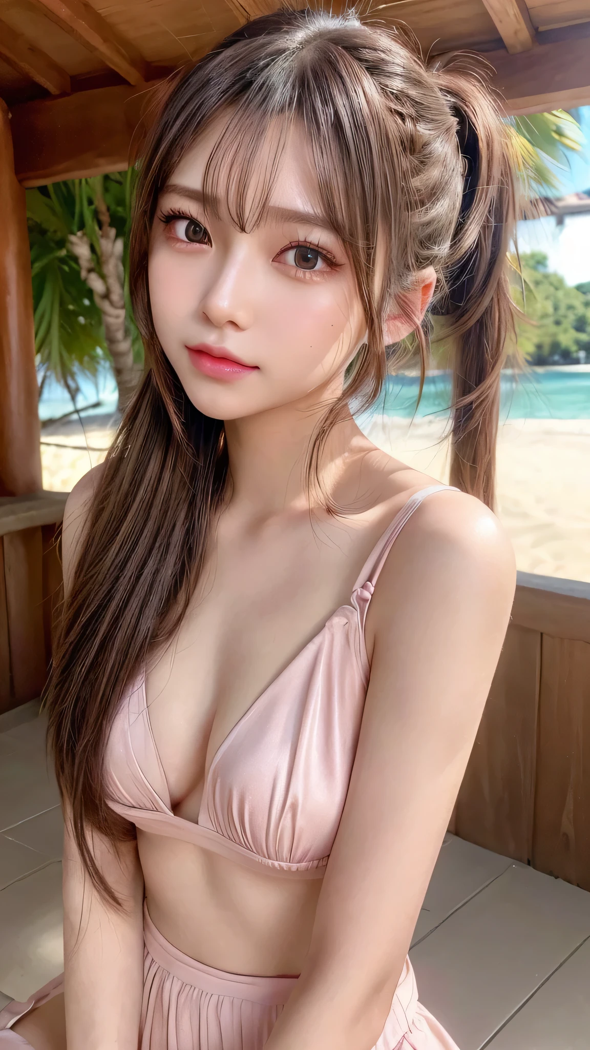body shot,Outdoor,Pink micro bikini,resort Beach,Ultra-detailed, finely detail, hight resolution, 8K Wallpaper, Perfect dynamic composition, Beautiful detailed eyes,,Close-up of face,,Blushing,Facing forward,Long hair ponytail,((8k, Raw photo, Best Quality, Mastepiece:1.2), (Realism, Photorealistic:1.4), (Highly detailed 8K wallpapers), Depth of written boundary, Cinematic Lighting, Soft Light, Detailed Beauty Eye,Shiny and smooth light brown ponytail, Asymmetrical bangs, Shiny skin, Ultra-detailed skins ,It is high resolution., High detail, Detailed hairstyle, Detailed facial beauty, Hyper-realistic, Perfect limbs, Perfect Anatomy ,Of Japanese,Famous Japanese Idols, Perfect female body,A shy smile,Short eyelashes,Double-edged eyelids,Look straight here,Hair style: ponytail,