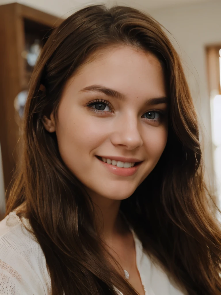 (Better image quality) a beautiful 24-year-old woman with long brown hair and blue eyes ;very attractive smiling. 
