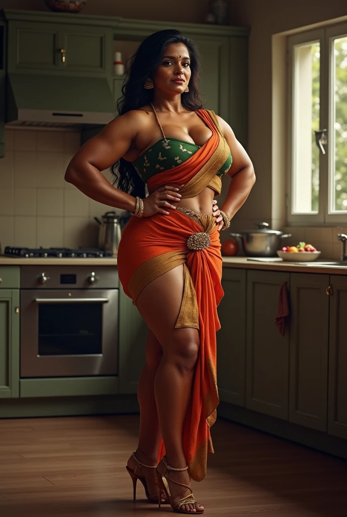 40year old heavy muscular young aged cute beautiful Kerala malayali beautiful female bodybuilder housemaid aunty , aunty in saree , Her muscular physique is highlighted by her self-assured strong biceps legs with more muscular calf with pointed high heel sandal in kitchen