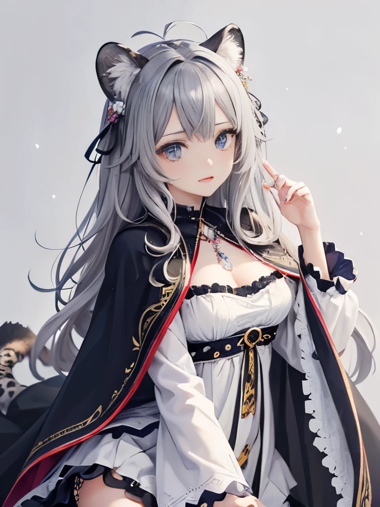 (masterpiece, Highest quality:1.2),One person, Upper Body,tail, large tail, Gray Hair, Very long hair, Wavy Hair, Grey Eyes, 詳細なtail, Detailed eyes, Multicolored Hair, Circlet, Beaded Necklaces, Animal ears, Leopard Ears, Black Cape, White Dress, Hip vents, Pelvic Curtain, Grey knee socks, the snow's, the snow's mountains, Blizzard, Volumetric lighting, Scattered beneath the surface, Cinema Lighting, Chiaroscuro, Floating Hair, Place your hand on your chest