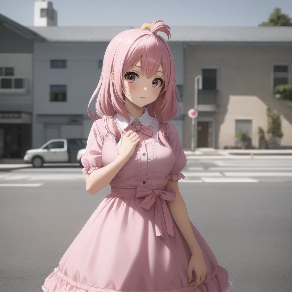 Super cute girl wearing a ta dress,Pink Hair. 8K ultra-high quality, Fine texture, Pure white background.