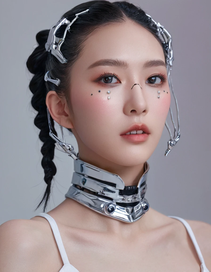 An extraordinarily detailed close-up portrait of an android-human hybrid K-pop idol, showcasing her striking Skell cyberpunk appearance. Her face is adorned with intricate mechanical implants, while her white hair, high contrast, upscale sharpness:1.4, reflective environtment, unreal engine, space cyborg style. Wear antena, futuristic mask ,The background features a soft, dreamy style, contrasting with her metallic and glossy chrome features. This captivating image was expertly captured with a Fujifilm XT-10 camera, delivering an ultra-high 8K resolution for breathtaking detail. The hyper-realistic photo exhibits the skill of award-winning photography. Wet and glossy make up realistic:1.4, Photorealsitic)、(intricate detailes:1.2)、(​masterpiece、:1.3)、beauty face, (top-quality:1.4)、(超A high resolution:1.2)、超A high resolution、(A detailed eye)、(detailed facial features), ((Realistic lighting、top-quality、8K、natural light, ​masterpiece:1.3))、bright photo, Clear focus:1.2、1girl in、flawless beauty:1.4、Superfine Face、big Narrow-eyed、double eyelid、photos realistic, perfect eyes, perfect skin, detailed skin, detailed face, looking viewer, front view, potrait, raw photo, simple soft pink background, (intricate detailed skin textured:1.4) (Highest quality:1.3), (sharp focus:1.5), (skin_textures:1.2), (photorealistic:1.3), (highly detailed skin), (detailed face), (high detailed skin:1.2), (glistening skin:1.15), cinematic colorgrading film, dramatic scenes, photography, RAW, Masterpiece, ultra wide angle, Ultra Fine Photo, Best Quality, Ultra High Resolution, Photorealistic, volumetric light, Stunningly Beautiful, half body, Delicate Face, Vibrant Eyes, RAW photo