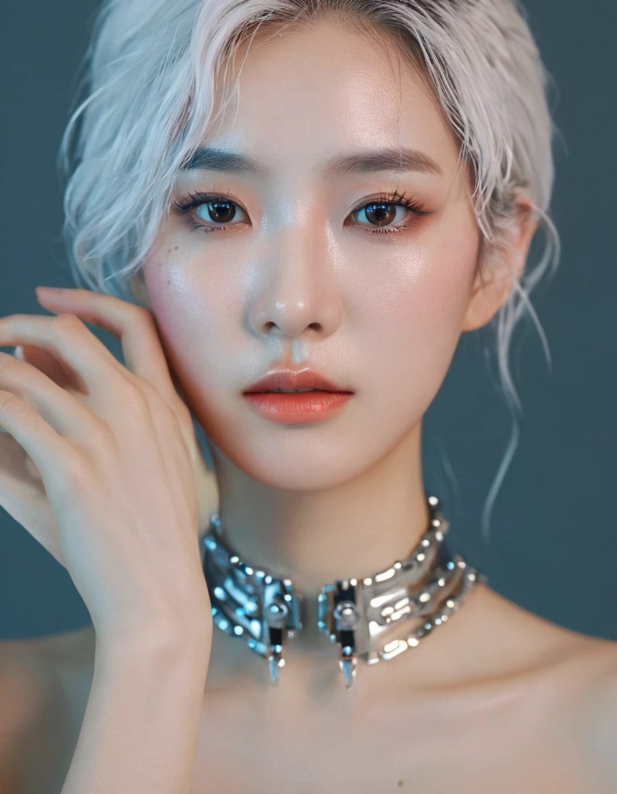 An extraordinarily detailed close-up portrait of an android-human hybrid K-pop idol, showcasing her striking Skell cyberpunk appearance. Her face is adorned with intricate mechanical implants, while her white hair, high contrast, upscale sharpness:1.4, reflective environtment, unreal engine, space cyborg style. Wear antena, futuristic mask ,The background features a soft, dreamy style, contrasting with her metallic and glossy chrome features. This captivating image was expertly captured with a Fujifilm XT-10 camera, delivering an ultra-high 8K resolution for breathtaking detail. The hyper-realistic photo exhibits the skill of award-winning photography. Wet and glossy make up realistic:1.4, Photorealsitic)、(intricate detailes:1.2)、(​masterpiece、:1.3)、beauty face, (top-quality:1.4)、(超A high resolution:1.2)、超A high resolution、(A detailed eye)、(detailed facial features), ((Realistic lighting、top-quality、8K、natural light, ​masterpiece:1.3))、bright photo, Clear focus:1.2、1girl in、flawless beauty:1.4、Superfine Face、big Narrow-eyed、double eyelid、photos realistic, perfect eyes, perfect skin, detailed skin, detailed face, looking viewer, front view, potrait, raw photo, simple soft pink background, (intricate detailed skin textured:1.4) (Highest quality:1.3), (sharp focus:1.5), (skin_textures:1.2), (photorealistic:1.3), (highly detailed skin), (detailed face), (high detailed skin:1.2), (glistening skin:1.15), cinematic colorgrading film, dramatic scenes, photography, RAW, Masterpiece, ultra wide angle, Ultra Fine Photo, Best Quality, Ultra High Resolution, Photorealistic, volumetric light, Stunningly Beautiful, half body, Delicate Face, Vibrant Eyes, RAW photo