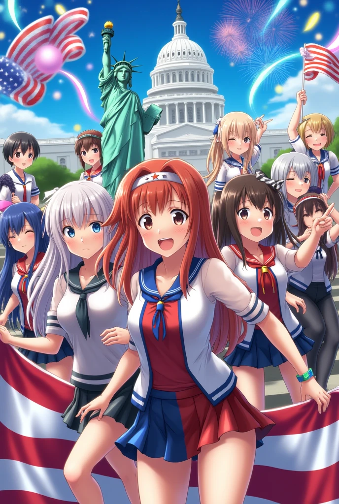 Amidst the vibrant atmosphere of New York City's streets, a group of 16-year-old girls celebrate American Independence Day with exuberance and style. Each girl radiates confidence and joy, dressed in bikinis adorned with the iconic colors of the American flag. The designs of their bikinis capture the essence of patriotism, with red and white stripes accentuating their curves, while deep blue fabric serves as a backdrop for scattered white stars, echoing the nation's banner. Their blond hair cascades down their backs, some styled into high ponytails adorned with festive accents. Tiny American flag toothpicks embellish their hair, each one carrying a miniature cookie, adding a playful touch to their ensembles. The ribbons woven into their hair feature alternating stripes of red, white, and blue, mirroring the colors of their bikinis and completing the patriotic theme. As they move through the crowded streets, their attire catches the eye of onlookers, evoking a sense of admiration and camaraderie. With every step, they exude confidence and grace, embodying the spirit of independence and freedom that defines the American experience. Amidst the hustle and bustle of the city, they stand as symbols of resilience and unity, inspiring those around them to embrace the values of liberty and equality. In the background, the night sky comes alive with bursts of colorful fireworks, illuminating the skyline with dazzling displays of light and sound. Against this breathtaking backdrop, the girls revel in the spectacle, their faces illuminated by the vibrant hues of red, white, and blue. Surrounded by the electrifying energy of the celebration, they feel a profound sense of pride and belonging, cherishing the opportunity to commemorate the ideals upon which the nation was founded. The girls share laughter and joy as they dance together, their voices rising above the sounds of the city. They link arms and sway to the rhythm of the music, forming bonds of friendship and sisterhoo.