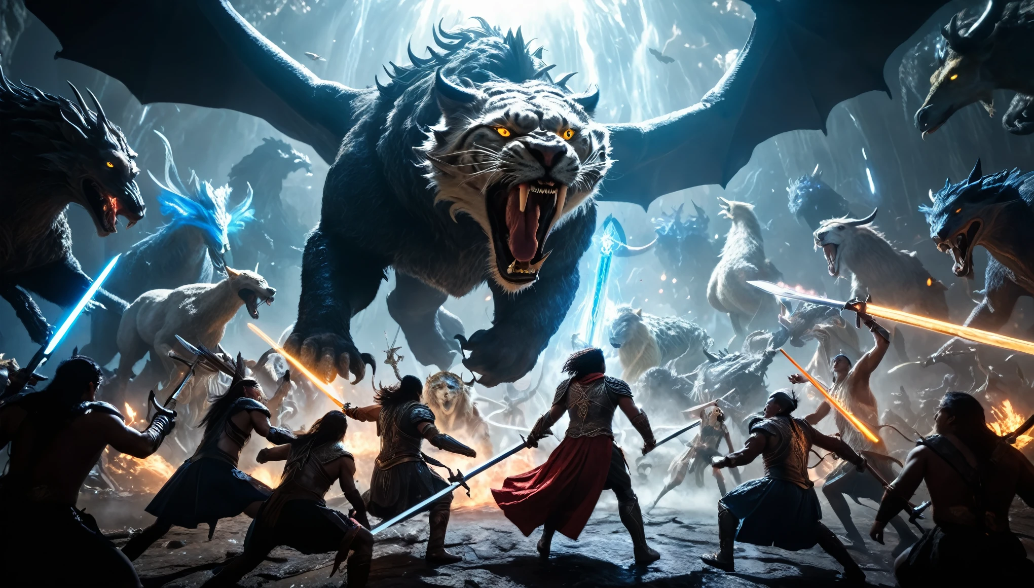 Prompt #2:
An epic battle scene in a different world, the hero at the center wielding a sword that glows with an ethereal light, surrounded by fantastical beasts and allies, mid-action, high tension, Canon EOS R8, wide angle lens dark space